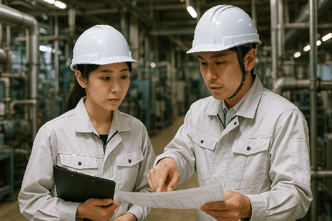 加工組立部門:図面を確認しながら製品を組立・調整する様子