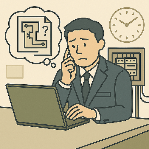 図面なしの老朽制御盤を現物調査する技術者の様子