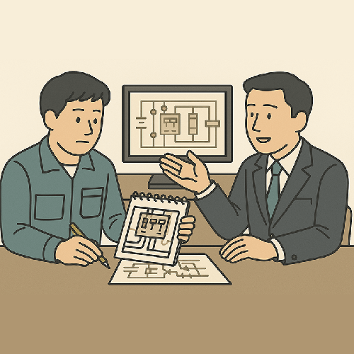 写真とメモのみを手がかりに制御盤更新を相談する様子