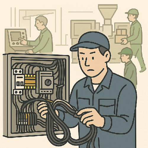 制御盤の構成復元と部品調査を進める作業風景